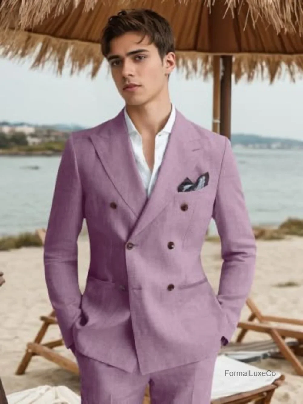 Mens Linen 2 Piece Suit Slim Fit Double Breasted Tuxedos